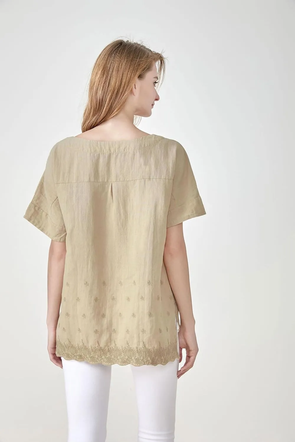 Minibee Women's Summer Linen Tunic Shirt High Low Hem Embroidery Blouse Top