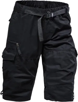 Mylldey Men's Cargo Shorts 3/4 Relaxed Fit Mens Running Shorts 7 Pockets Elastic Waist Cotton Hiking Shorts