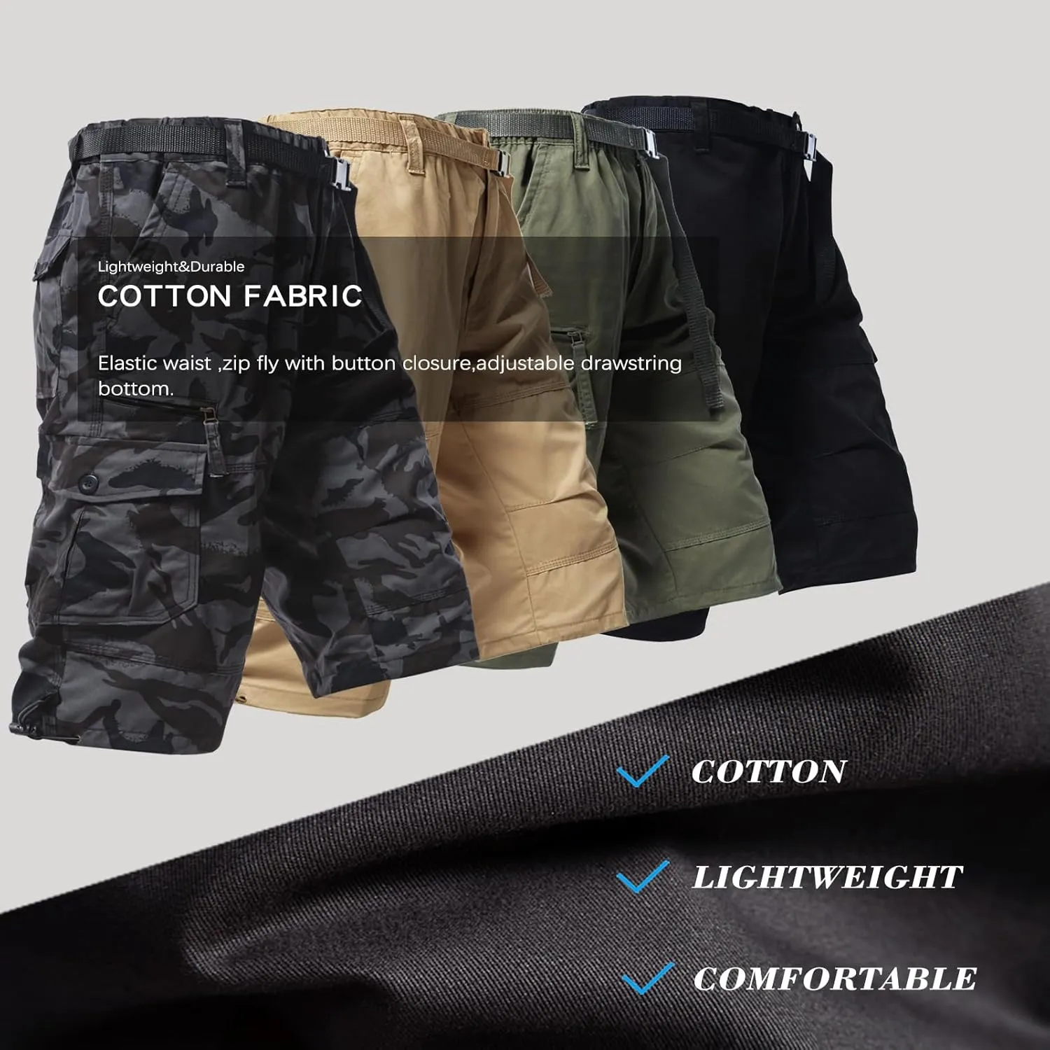 Mylldey Men's Cargo Shorts 3/4 Relaxed Fit Mens Running Shorts 7 Pockets Elastic Waist Cotton Hiking Shorts