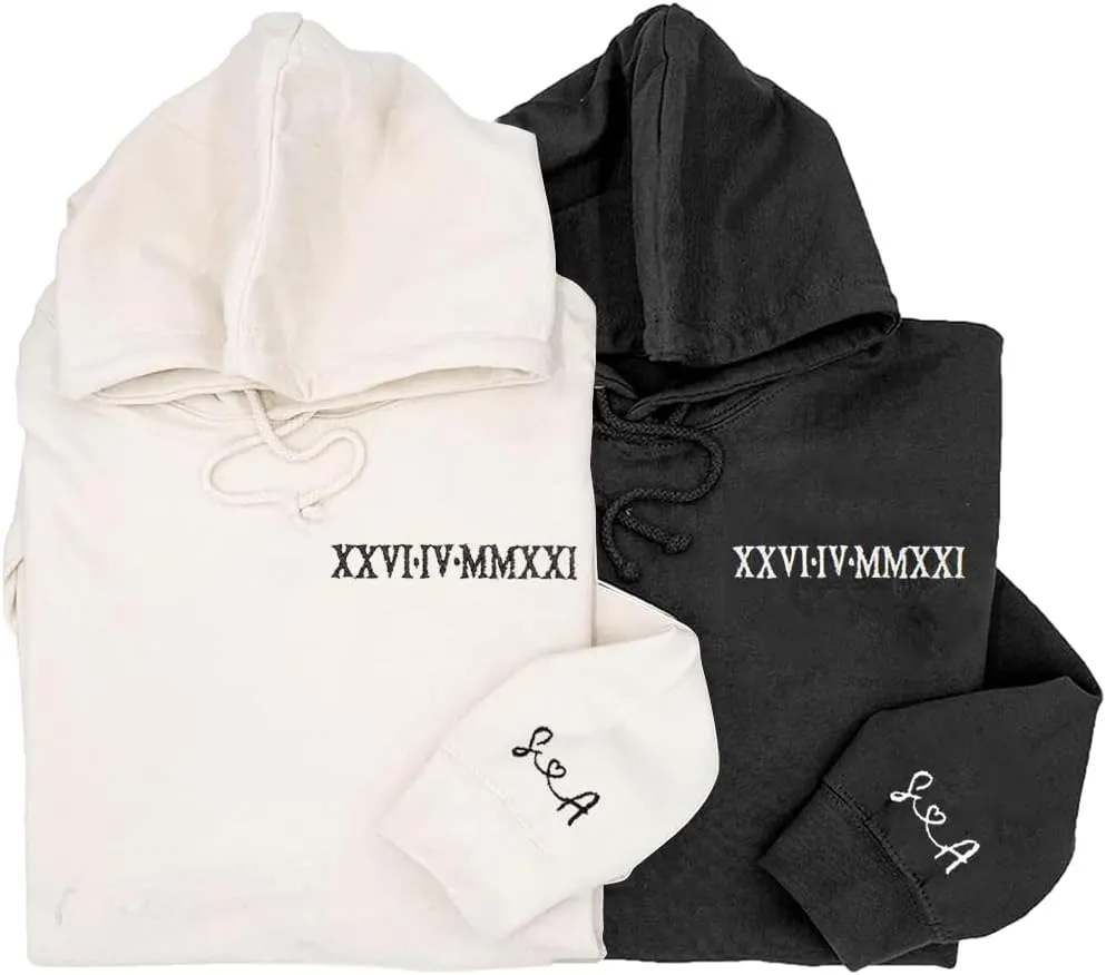 NAZENTI Custom Embroidered Roman Numeral Hoodies, Matching Hoodies for Couples, Christmas Valentines Day Gifts for Him Her