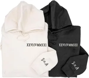 NAZENTI Custom Embroidered Roman Numeral Hoodies, Matching Hoodies for Couples, Christmas Valentines Day Gifts for Him Her