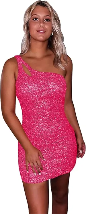 OFEYCHUN One Shoulder Short Homecoming Dresses for Teens Sparkly Sequin Tight Prom Dress