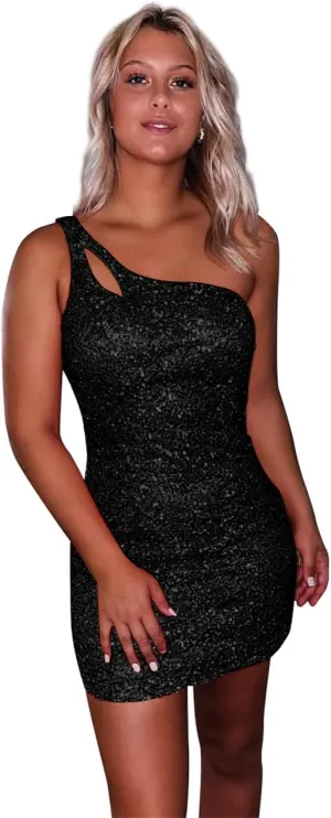OFEYCHUN One Shoulder Short Homecoming Dresses for Teens Sparkly Sequin Tight Prom Dress