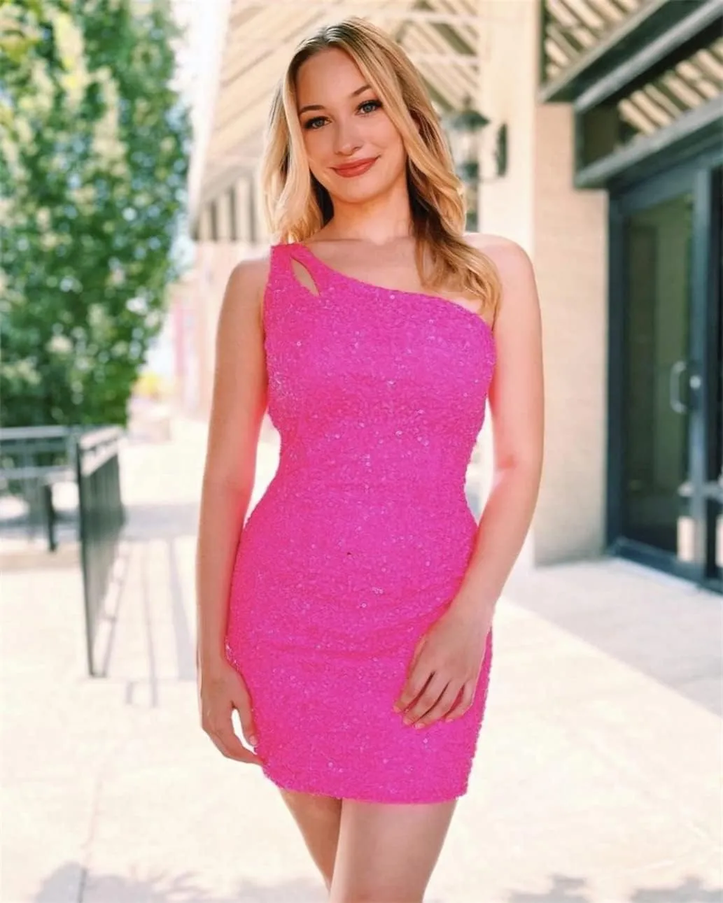 OFEYCHUN One Shoulder Short Homecoming Dresses for Teens Sparkly Sequin Tight Prom Dress