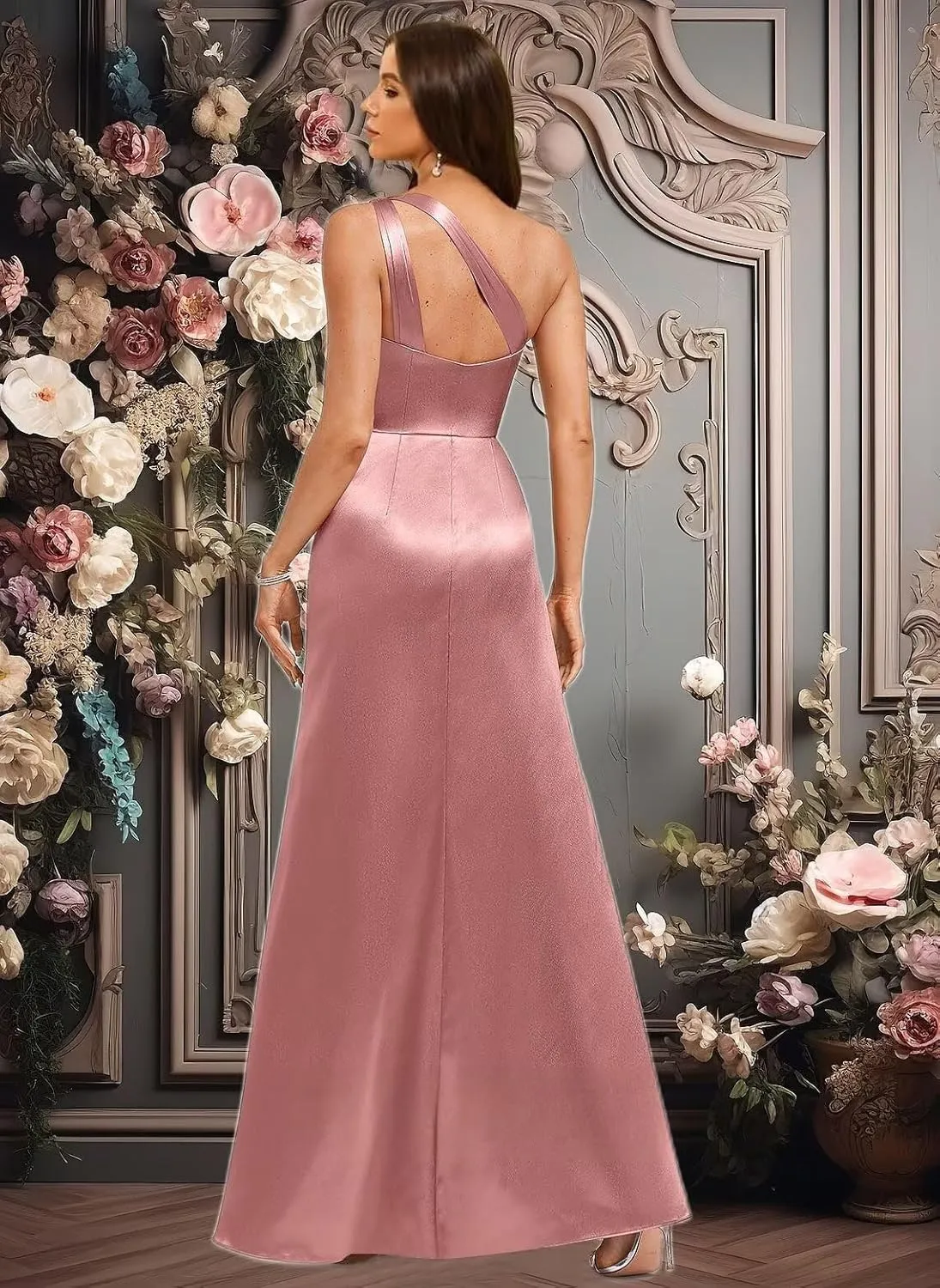 One Shoulder Satin Bridesmaid Dresses for Women 2025 Ruffle Pleated Maxi Formal Dress with Slit