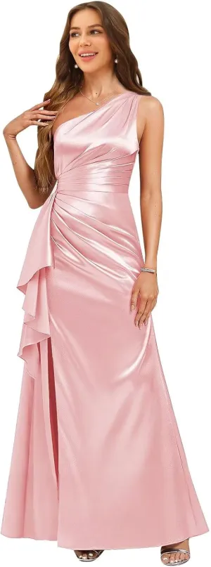 One Shoulder Satin Bridesmaid Dresses for Women 2025 Ruffle Pleated Maxi Formal Dress with Slit
