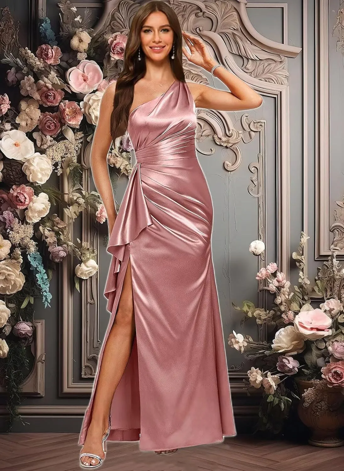 One Shoulder Satin Bridesmaid Dresses for Women 2025 Ruffle Pleated Maxi Formal Dress with Slit
