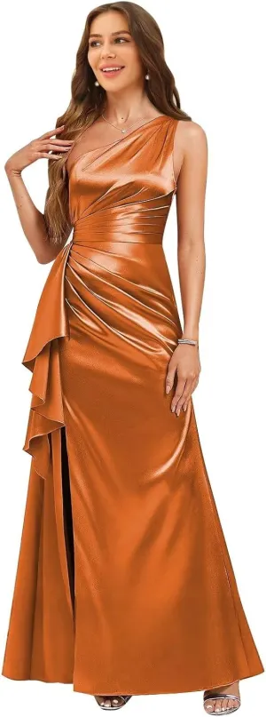 One Shoulder Satin Bridesmaid Dresses for Women 2025 Ruffle Pleated Maxi Formal Dress with Slit