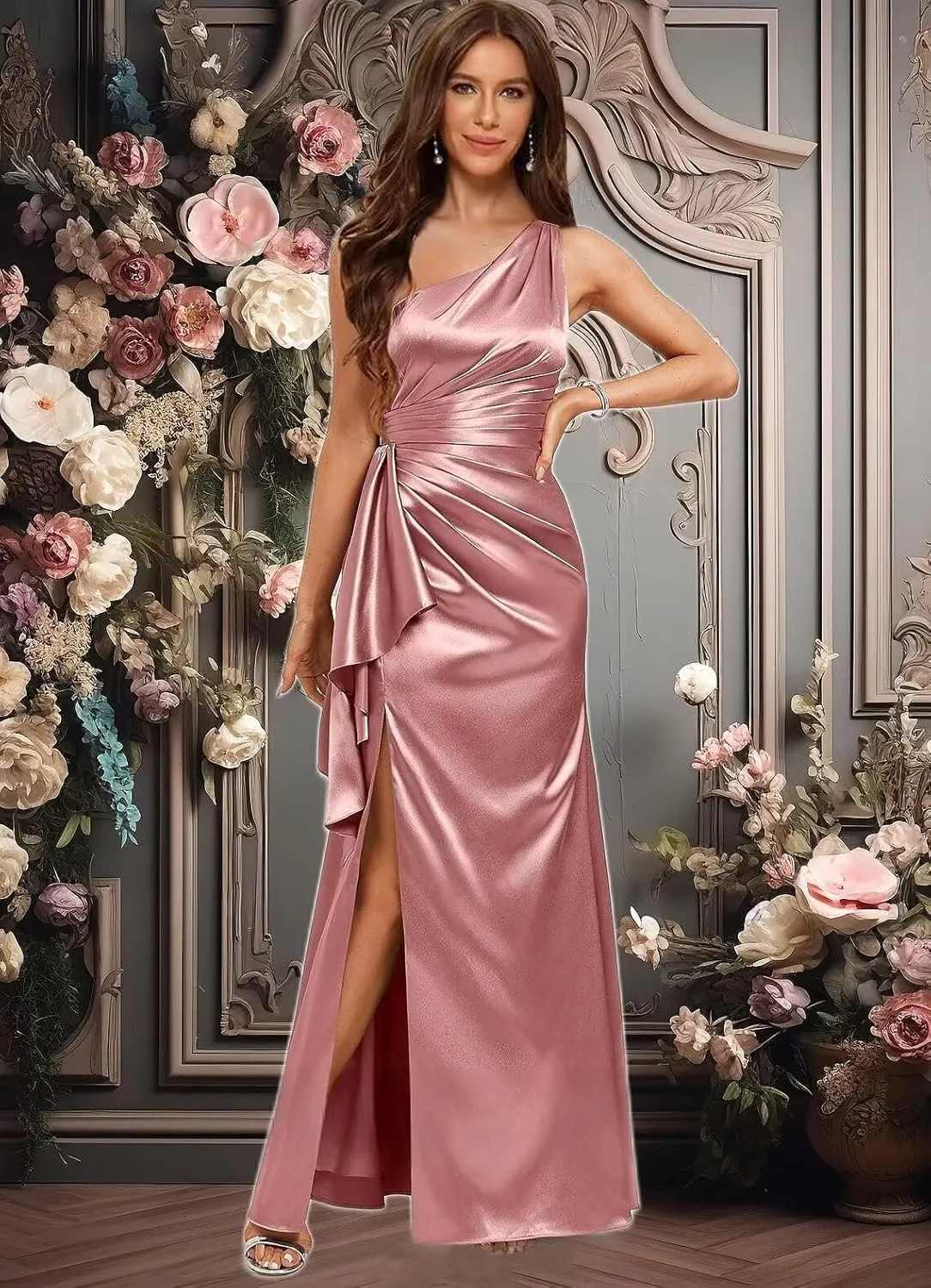 One Shoulder Satin Bridesmaid Dresses for Women 2025 Ruffle Pleated Maxi Formal Dress with Slit