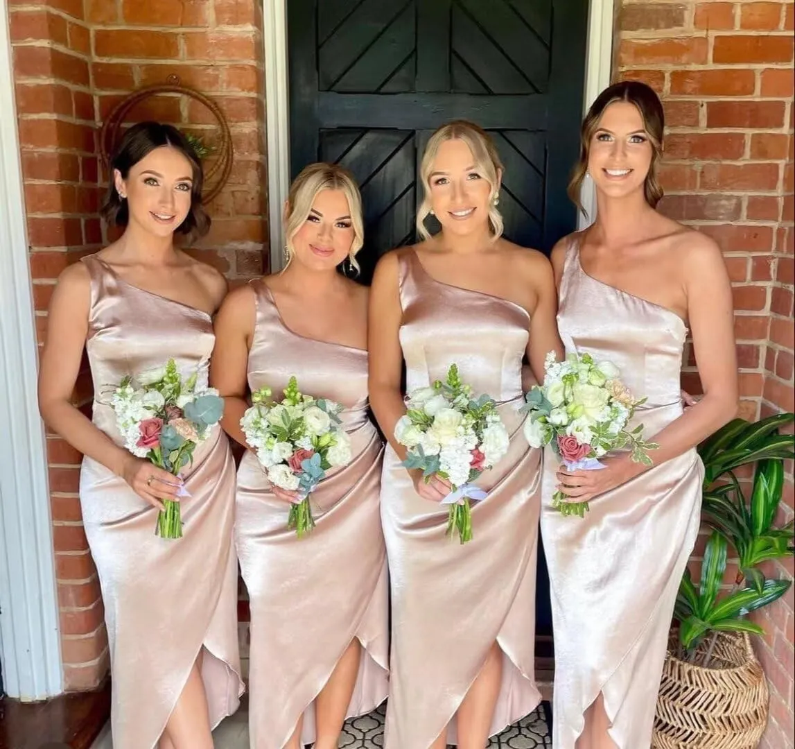 One Shoulder Satin Bridesmaid Dresses Ruched Mermaid Prom Dress High Low Formal Dresses for Women