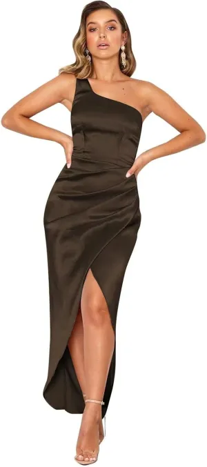 One Shoulder Satin Bridesmaid Dresses Ruched Mermaid Prom Dress High Low Formal Dresses for Women