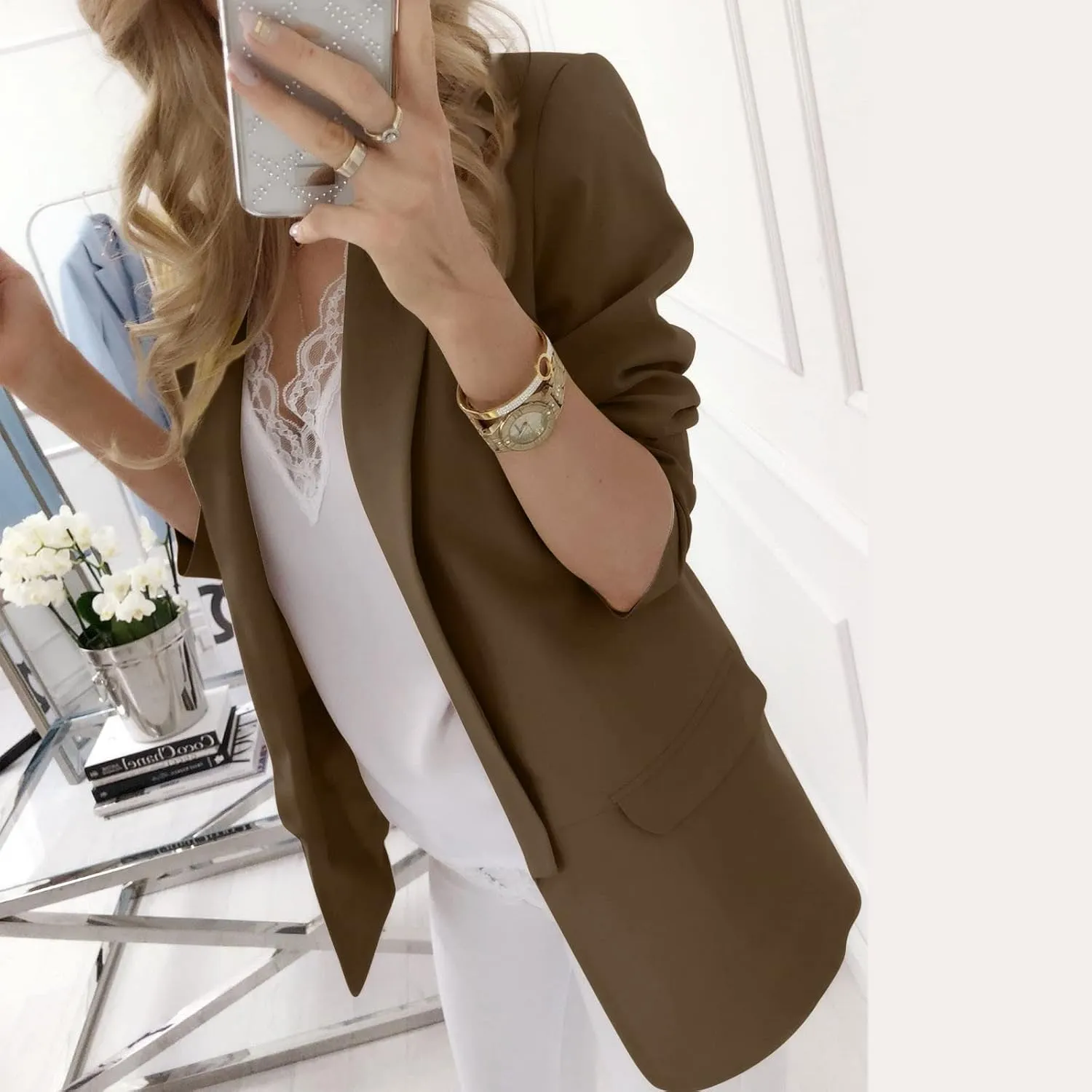 Open Front Blazers for Women Business Casual Lightweight Single Breasted Blazer Jacket Mid Length Lapel Suit Coats