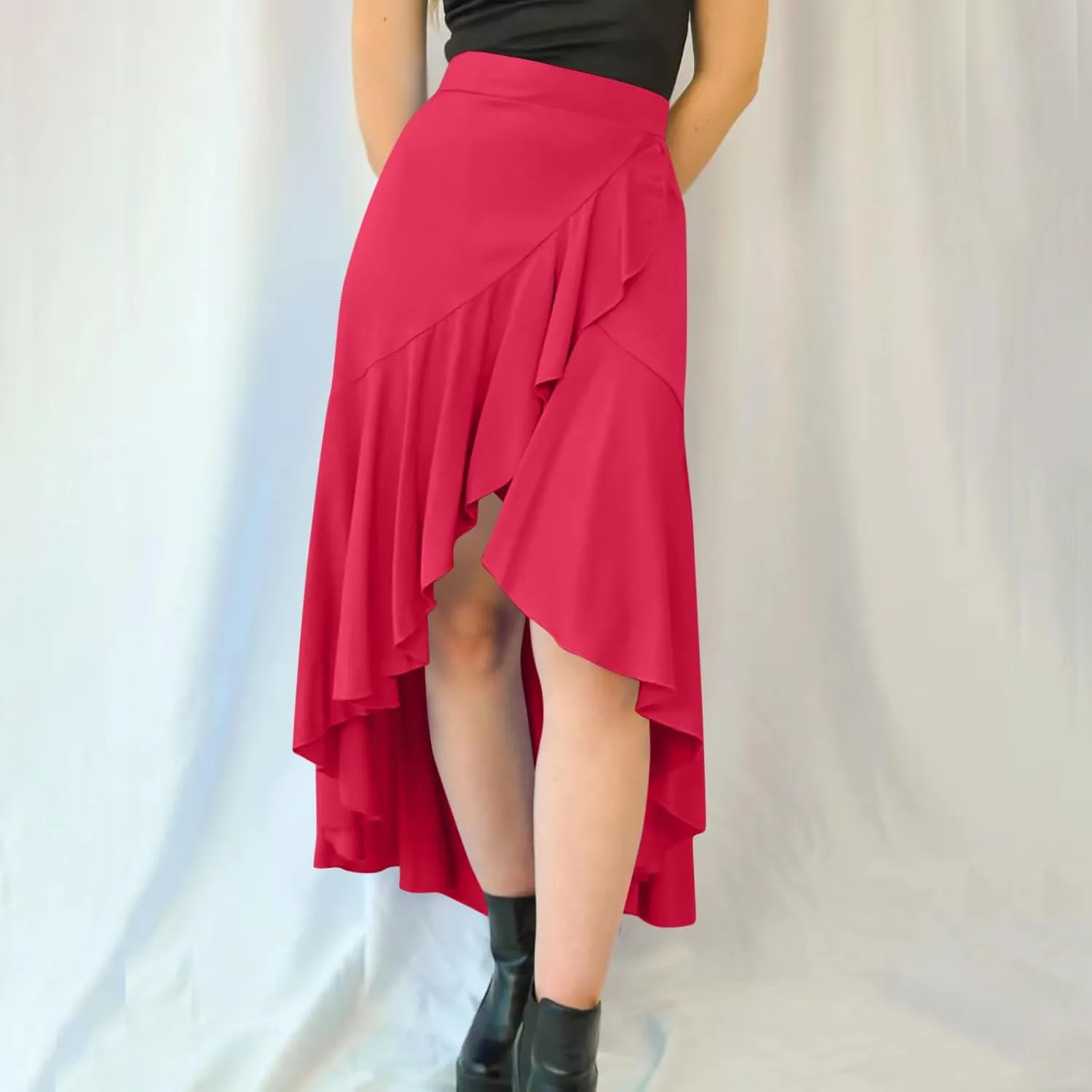 Oplxuo High Waist Wrap Skirt with Slit Flowy Skirts for Women Trendy Summer Ruffle High Low Maxi Skirt