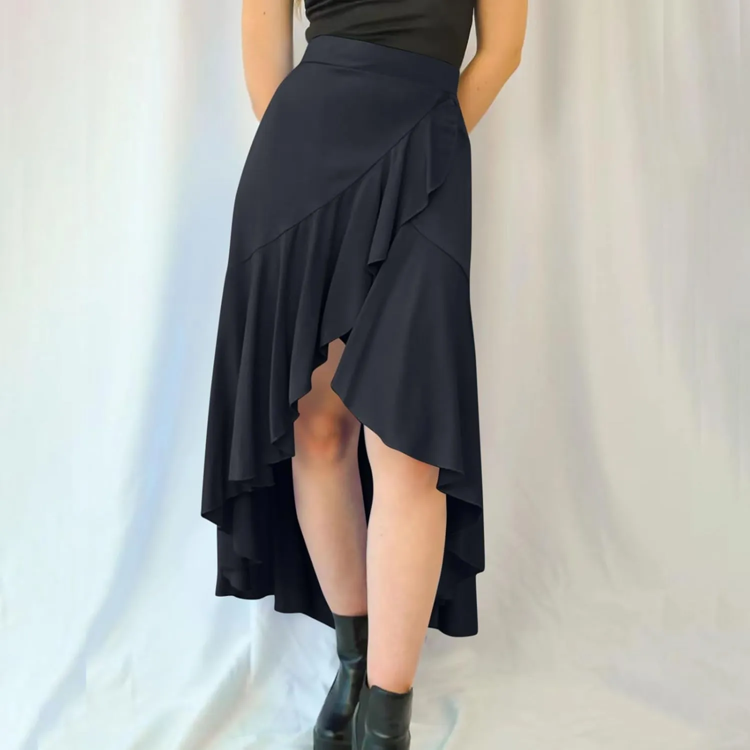 Oplxuo High Waist Wrap Skirt with Slit Flowy Skirts for Women Trendy Summer Ruffle High Low Maxi Skirt
