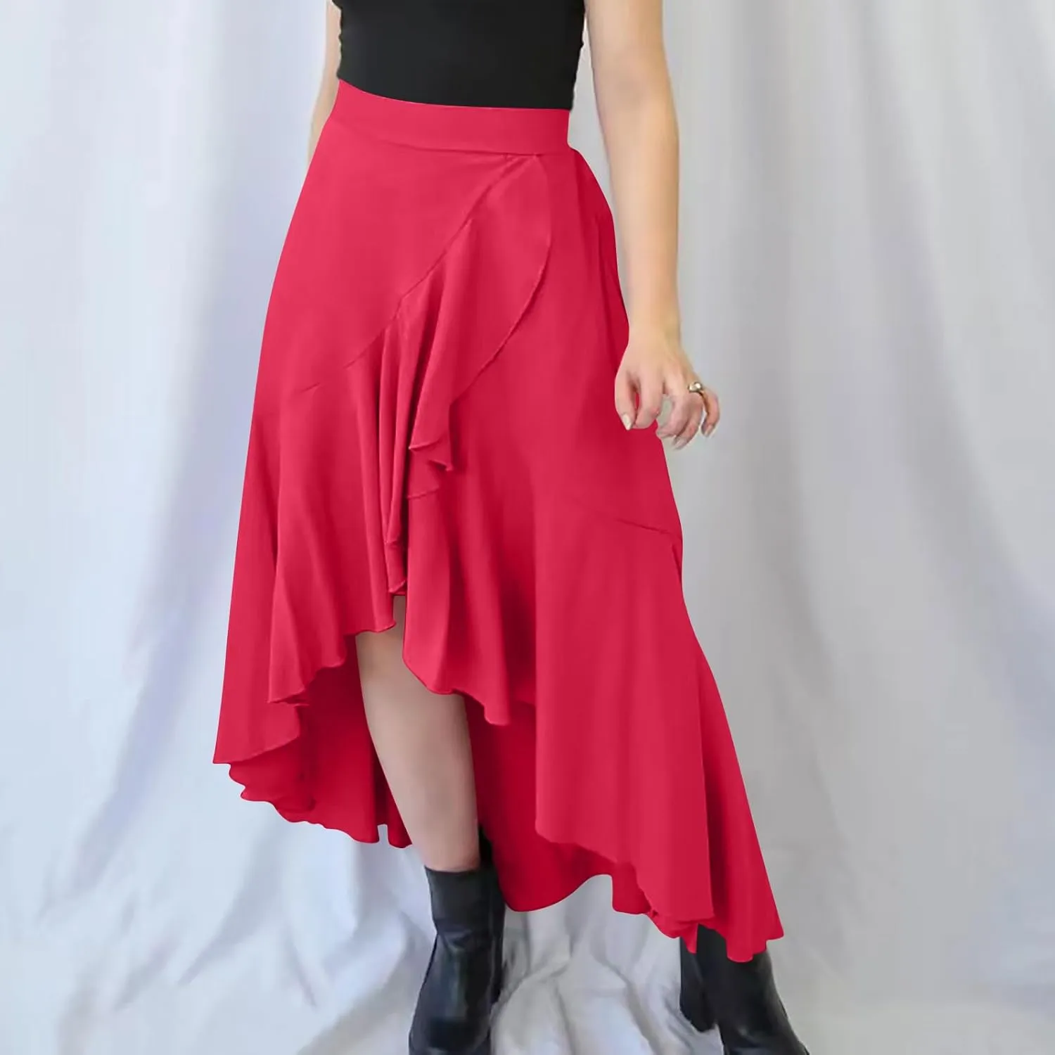 Oplxuo High Waist Wrap Skirt with Slit Flowy Skirts for Women Trendy Summer Ruffle High Low Maxi Skirt