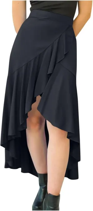 Oplxuo High Waist Wrap Skirt with Slit Flowy Skirts for Women Trendy Summer Ruffle High Low Maxi Skirt