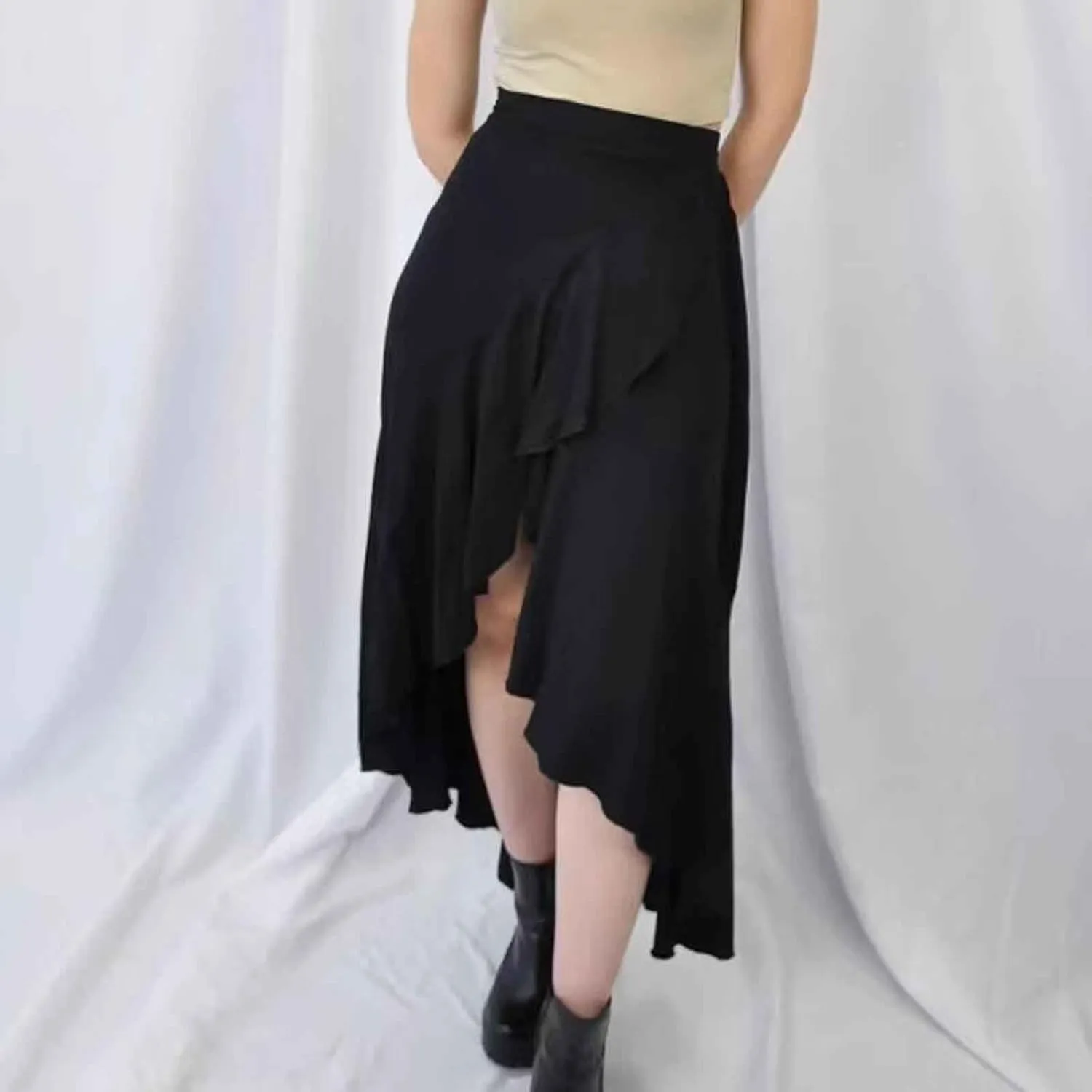 Oplxuo High Waist Wrap Skirt with Slit Flowy Skirts for Women Trendy Summer Ruffle High Low Maxi Skirt