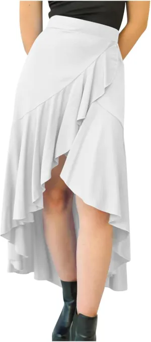 Oplxuo High Waist Wrap Skirt with Slit Flowy Skirts for Women Trendy Summer Ruffle High Low Maxi Skirt