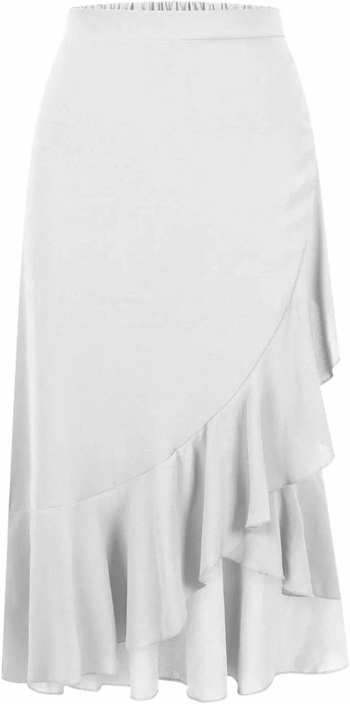 Oplxuo High Waist Wrap Skirt with Slit Flowy Skirts for Women Trendy Summer Ruffle High Low Maxi Skirt