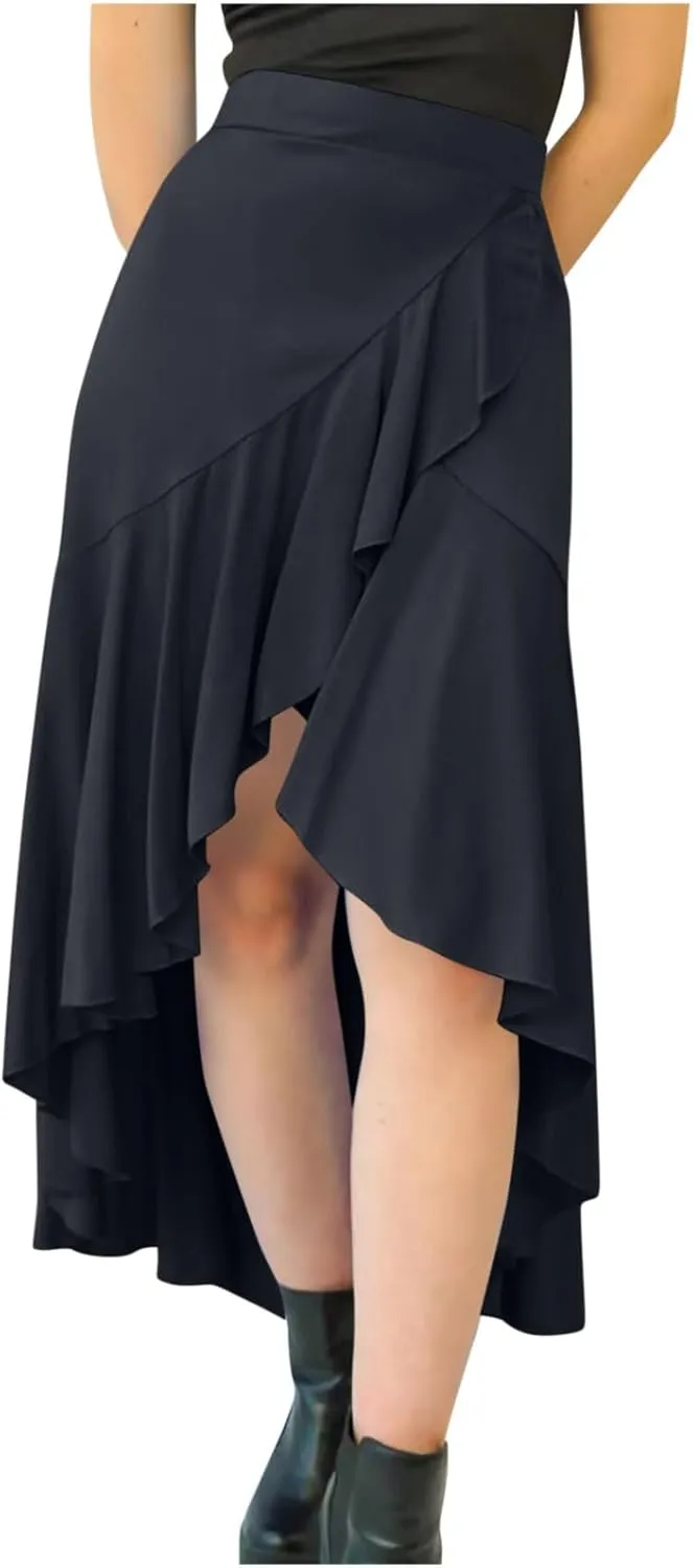 Oplxuo High Waist Wrap Skirt with Slit Flowy Skirts for Women Trendy Summer Ruffle High Low Maxi Skirt