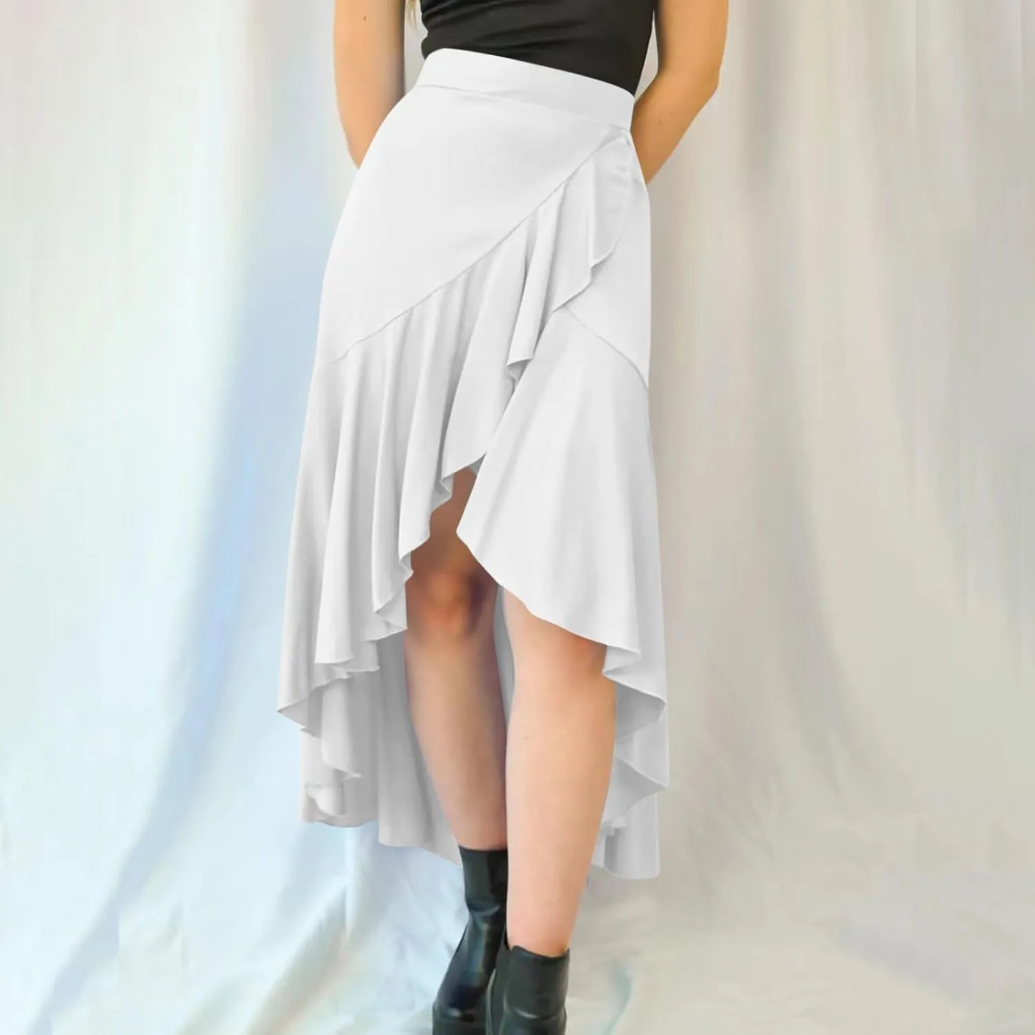 Oplxuo High Waist Wrap Skirt with Slit Flowy Skirts for Women Trendy Summer Ruffle High Low Maxi Skirt