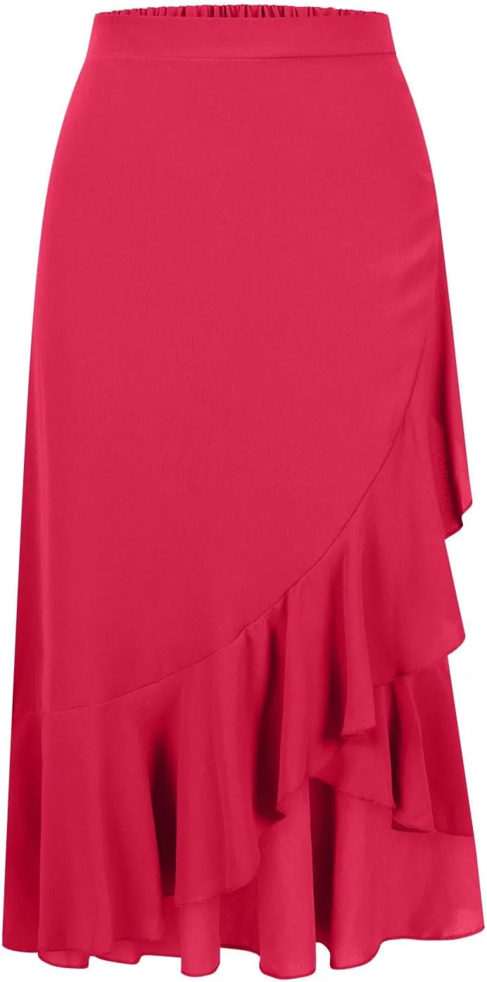 Oplxuo High Waist Wrap Skirt with Slit Flowy Skirts for Women Trendy Summer Ruffle High Low Maxi Skirt