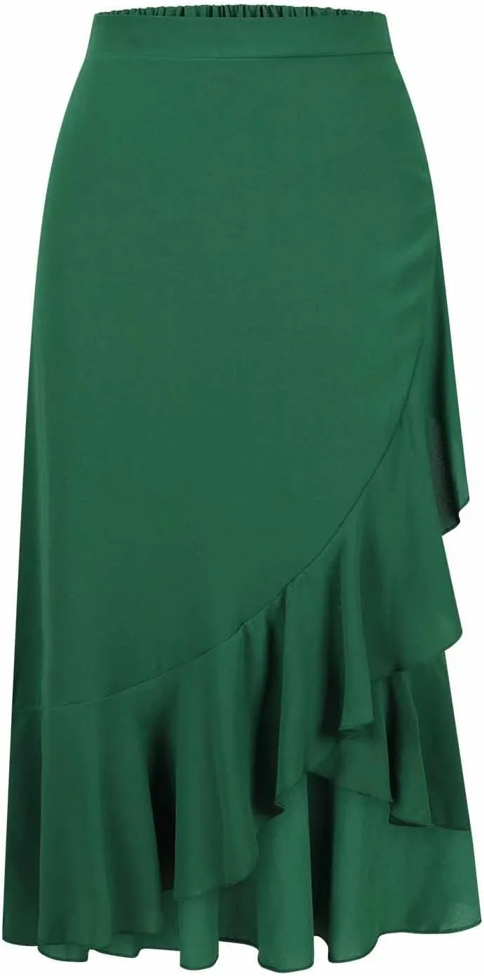 Oplxuo High Waist Wrap Skirt with Slit Flowy Skirts for Women Trendy Summer Ruffle High Low Maxi Skirt