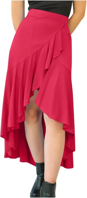 Oplxuo High Waist Wrap Skirt with Slit Flowy Skirts for Women Trendy Summer Ruffle High Low Maxi Skirt