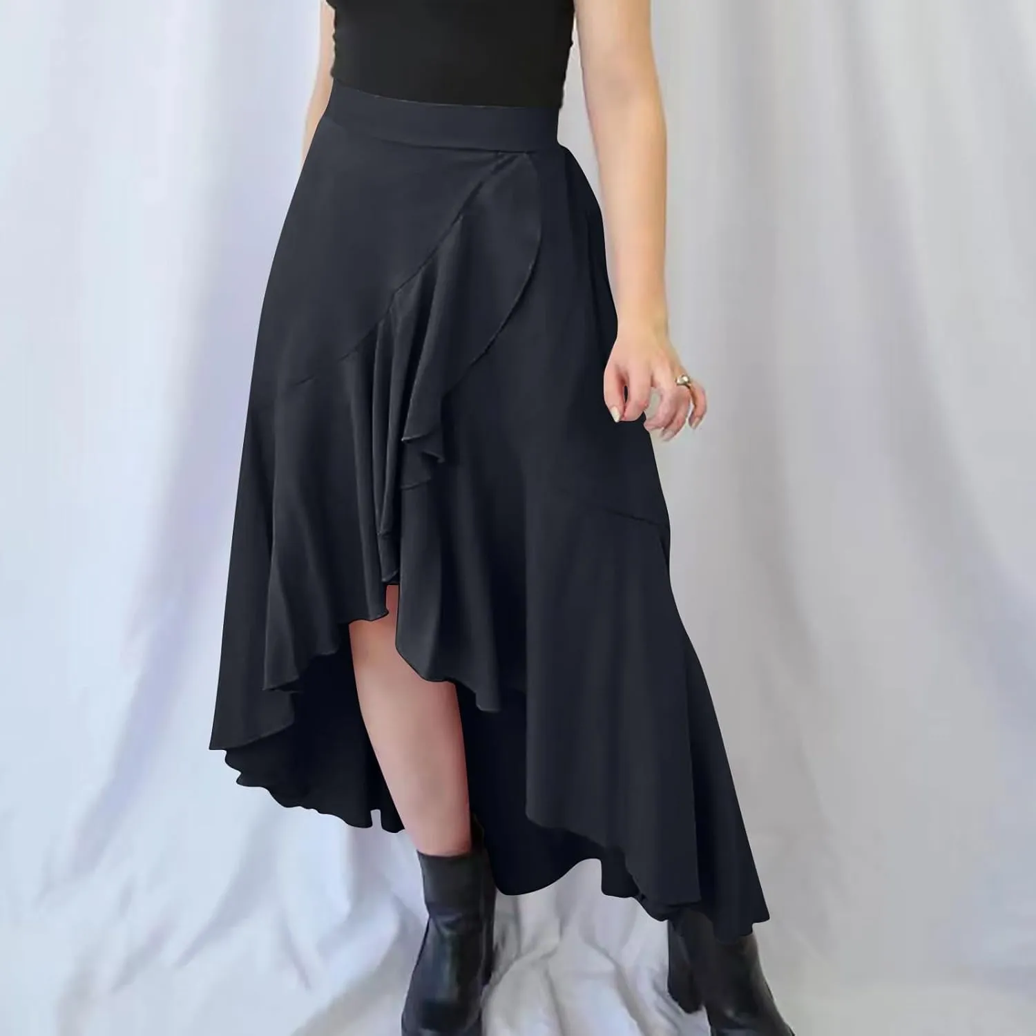 Oplxuo High Waist Wrap Skirt with Slit Flowy Skirts for Women Trendy Summer Ruffle High Low Maxi Skirt