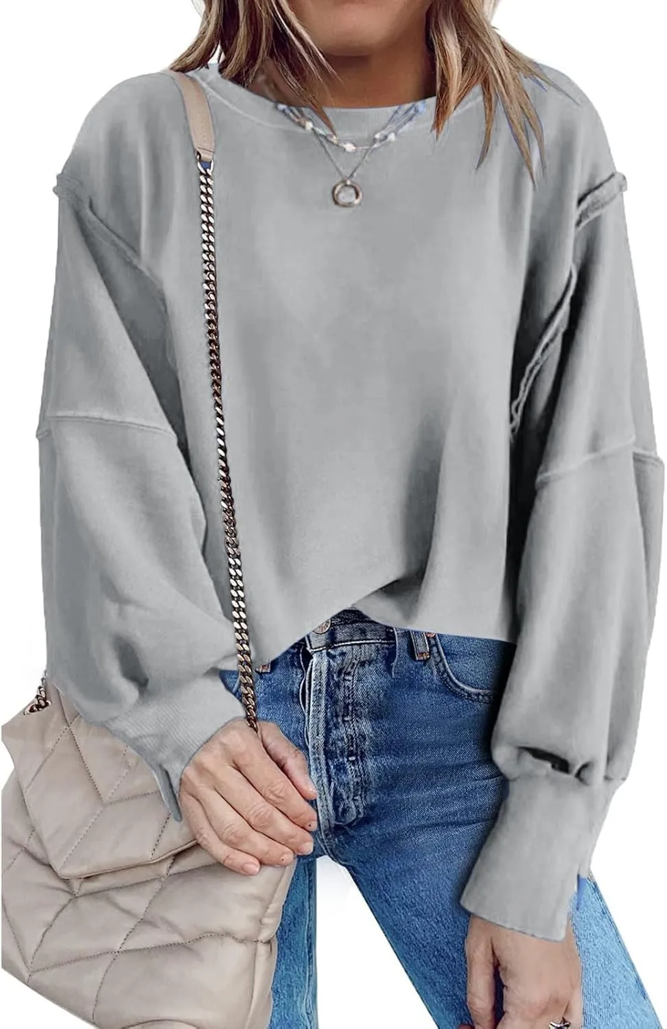 Oversized Hoodies for Women Loose Fit Solid Smocked Long Sleeve Round Neck Patchwork Tops Casual Pullover Sweatshirts