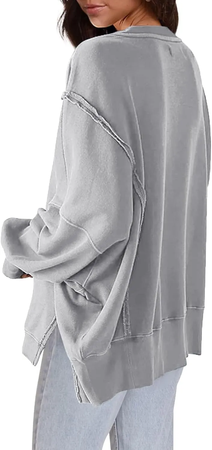 Oversized Hoodies for Women Loose Fit Solid Smocked Long Sleeve Round Neck Patchwork Tops Casual Pullover Sweatshirts