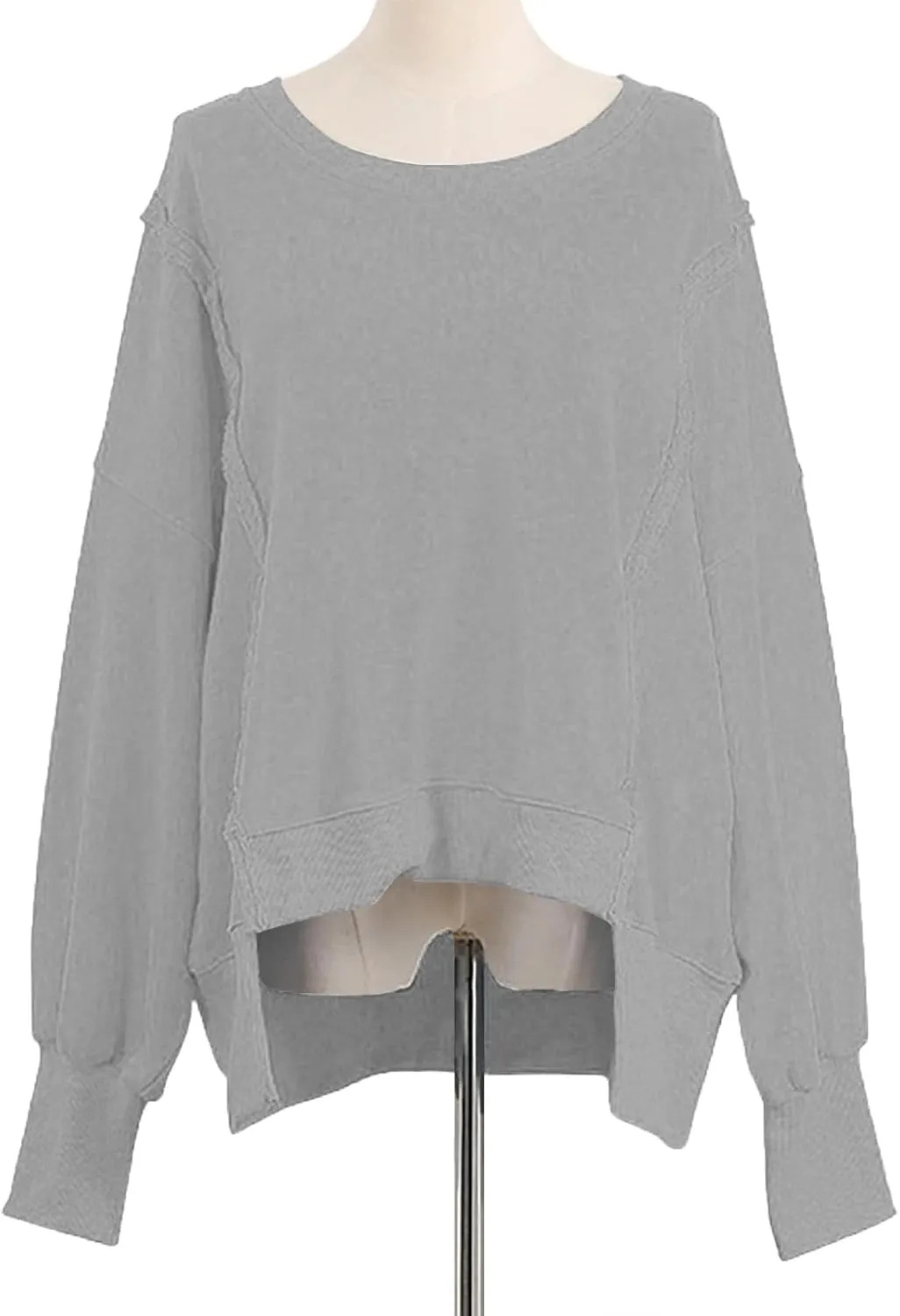 Oversized Hoodies for Women Loose Fit Solid Smocked Long Sleeve Round Neck Patchwork Tops Casual Pullover Sweatshirts