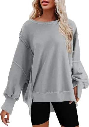 Oversized Hoodies for Women Loose Fit Solid Smocked Long Sleeve Round Neck Patchwork Tops Casual Pullover Sweatshirts