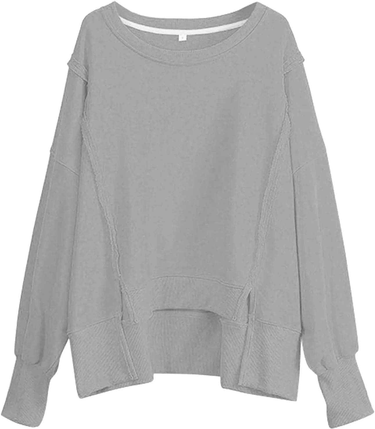 Oversized Hoodies for Women Loose Fit Solid Smocked Long Sleeve Round Neck Patchwork Tops Casual Pullover Sweatshirts