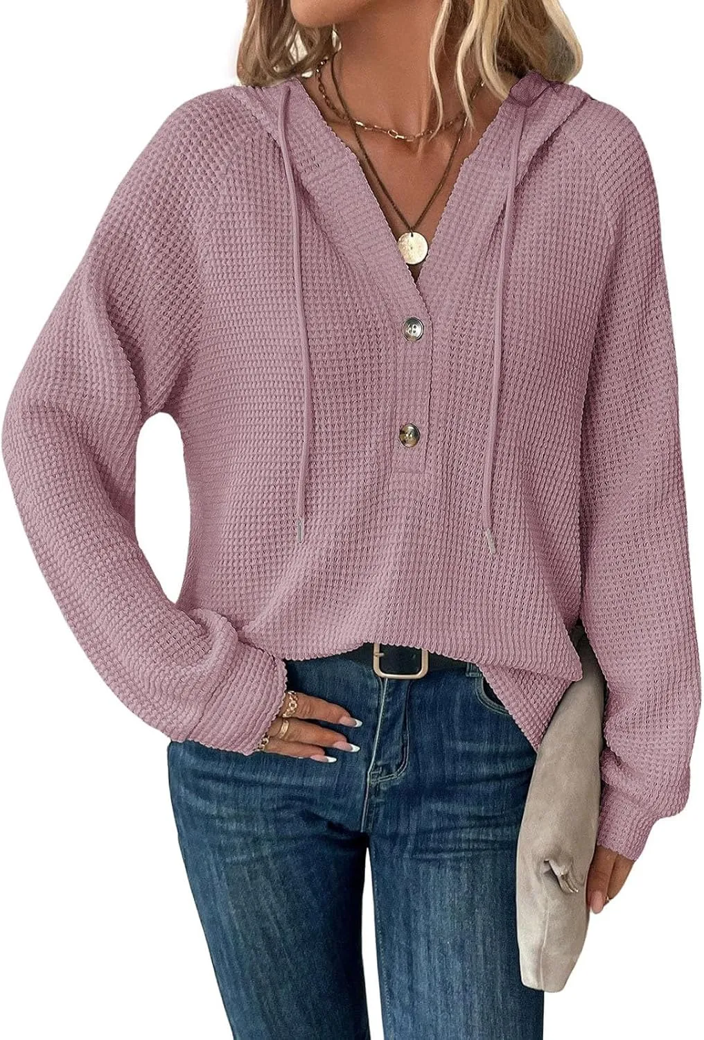 Oversized Hoodies for Women Soft V Neck Waffle Knit Hooded Sweatshirt Lightweight Fall Long Sleeve Pullover Sweaters