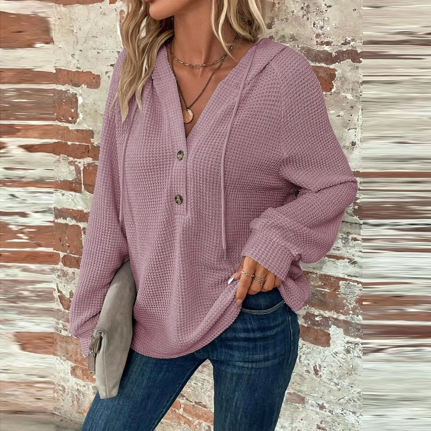 Oversized Hoodies for Women Soft V Neck Waffle Knit Hooded Sweatshirt Lightweight Fall Long Sleeve Pullover Sweaters