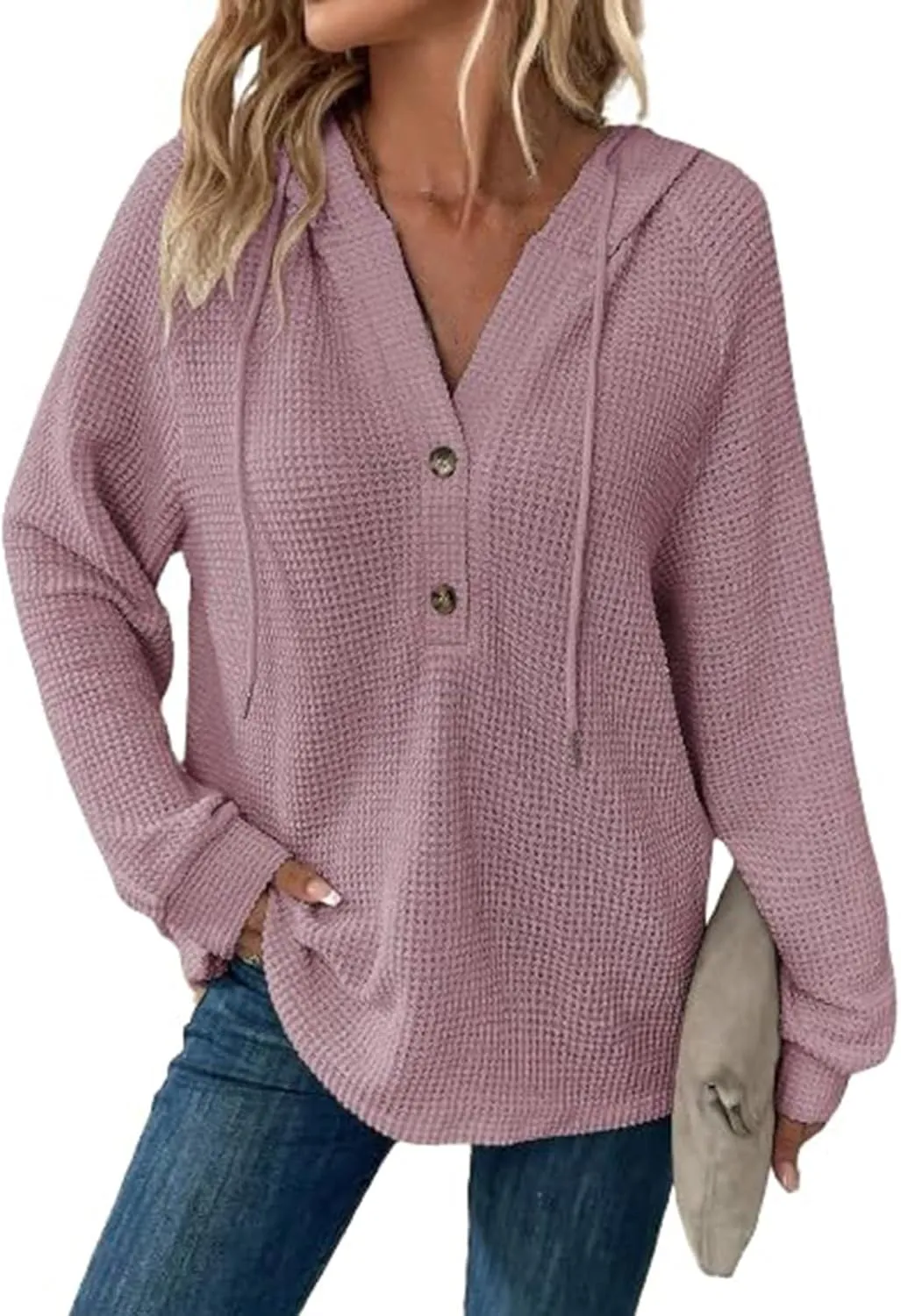 Oversized Hoodies for Women Soft V Neck Waffle Knit Hooded Sweatshirt Lightweight Fall Long Sleeve Pullover Sweaters