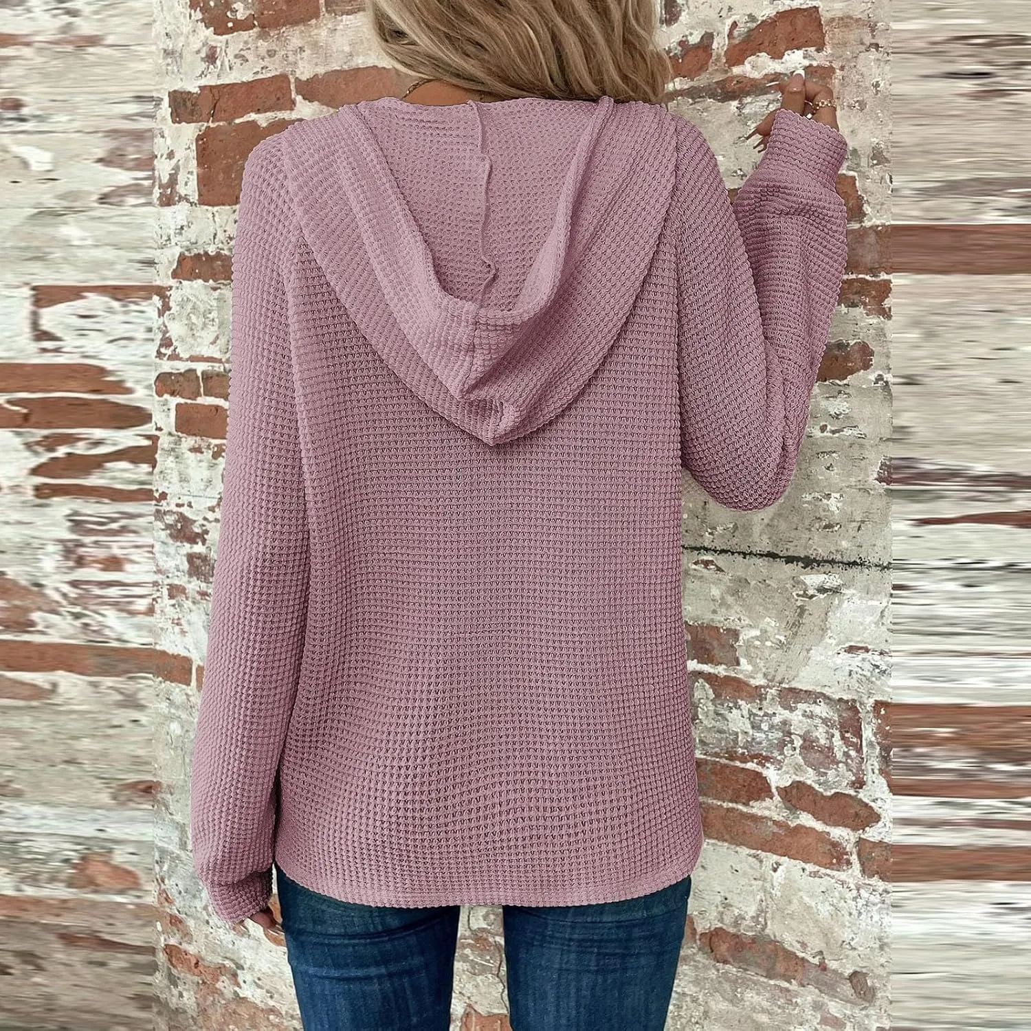 Oversized Hoodies for Women Soft V Neck Waffle Knit Hooded Sweatshirt Lightweight Fall Long Sleeve Pullover Sweaters