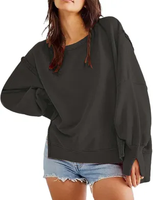 Oversized Sweatshirt for Women Side Slit Long Sleeve Pullover 2024 Fall Slouchy Fit Tops Y2K Preppy Solid Color Outfit