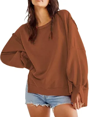 Oversized Sweatshirt for Women Side Slit Long Sleeve Pullover 2024 Fall Slouchy Fit Tops Y2K Preppy Solid Color Outfit