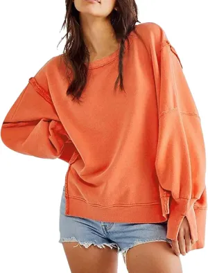 Oversized Sweatshirt for Women Side Slit Long Sleeve Pullover 2024 Fall Slouchy Fit Tops Y2K Preppy Solid Color Outfit