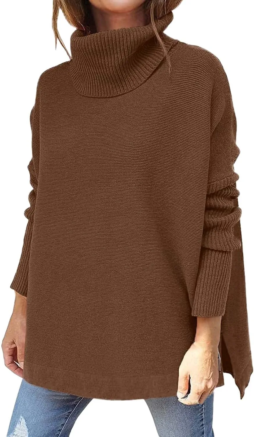 Oversized Turtleneck Sweaters for Women 2023 Long Batwing Sleeve Spilt Tunic Pullover Tops Fall Knitted Slouchy Jumper Tops