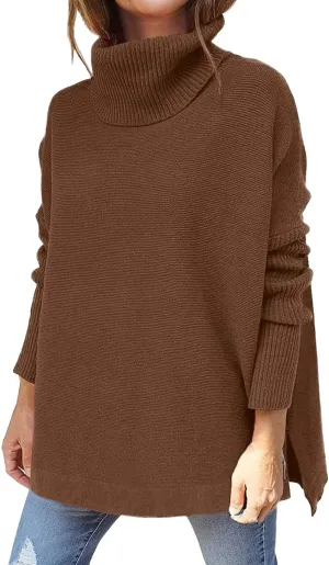 Oversized Turtleneck Sweaters for Women 2023 Long Batwing Sleeve Spilt Tunic Pullover Tops Fall Knitted Slouchy Jumper Tops