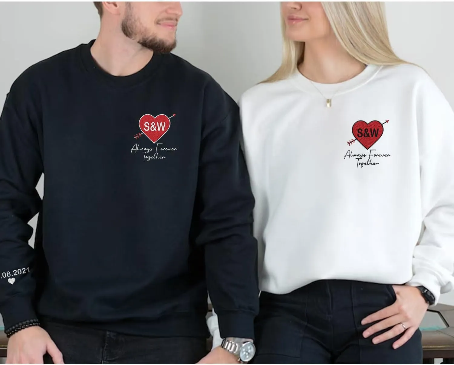Personalized Embroidered Heart Hoodies For Couples, Matching Couple Sweaters Custom Anniversary Sweatshirts Spider Heart
