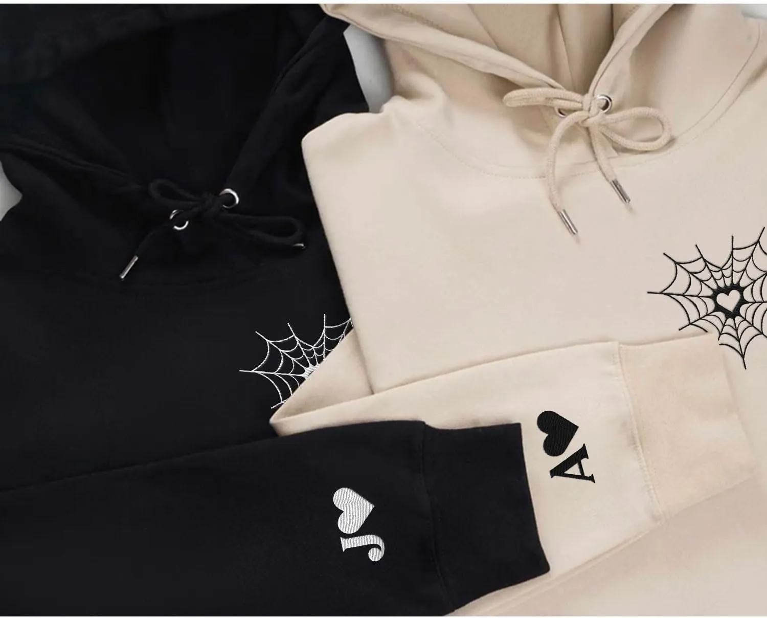 Personalized Embroidered Heart Hoodies For Couples, Matching Couple Sweaters Custom Anniversary Sweatshirts Spider Heart