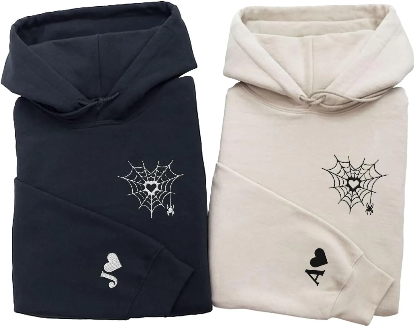 Personalized Embroidered Heart Hoodies For Couples, Matching Couple Sweaters Custom Anniversary Sweatshirts Spider Heart