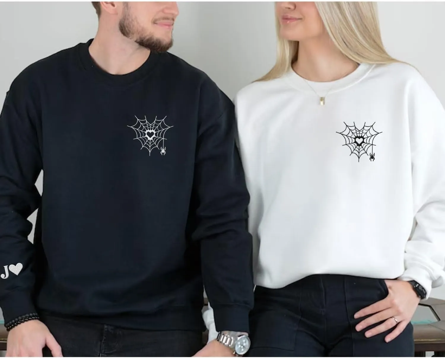 Personalized Embroidered Heart Hoodies For Couples, Matching Couple Sweaters Custom Anniversary Sweatshirts Spider Heart