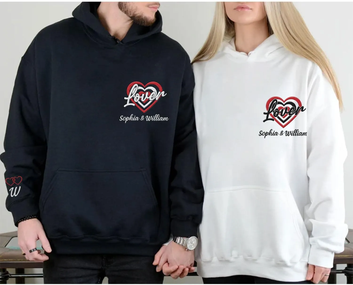 Personalized Embroidered Heart Hoodies For Couples, Matching Couple Sweaters Custom Anniversary Sweatshirts Spider Heart