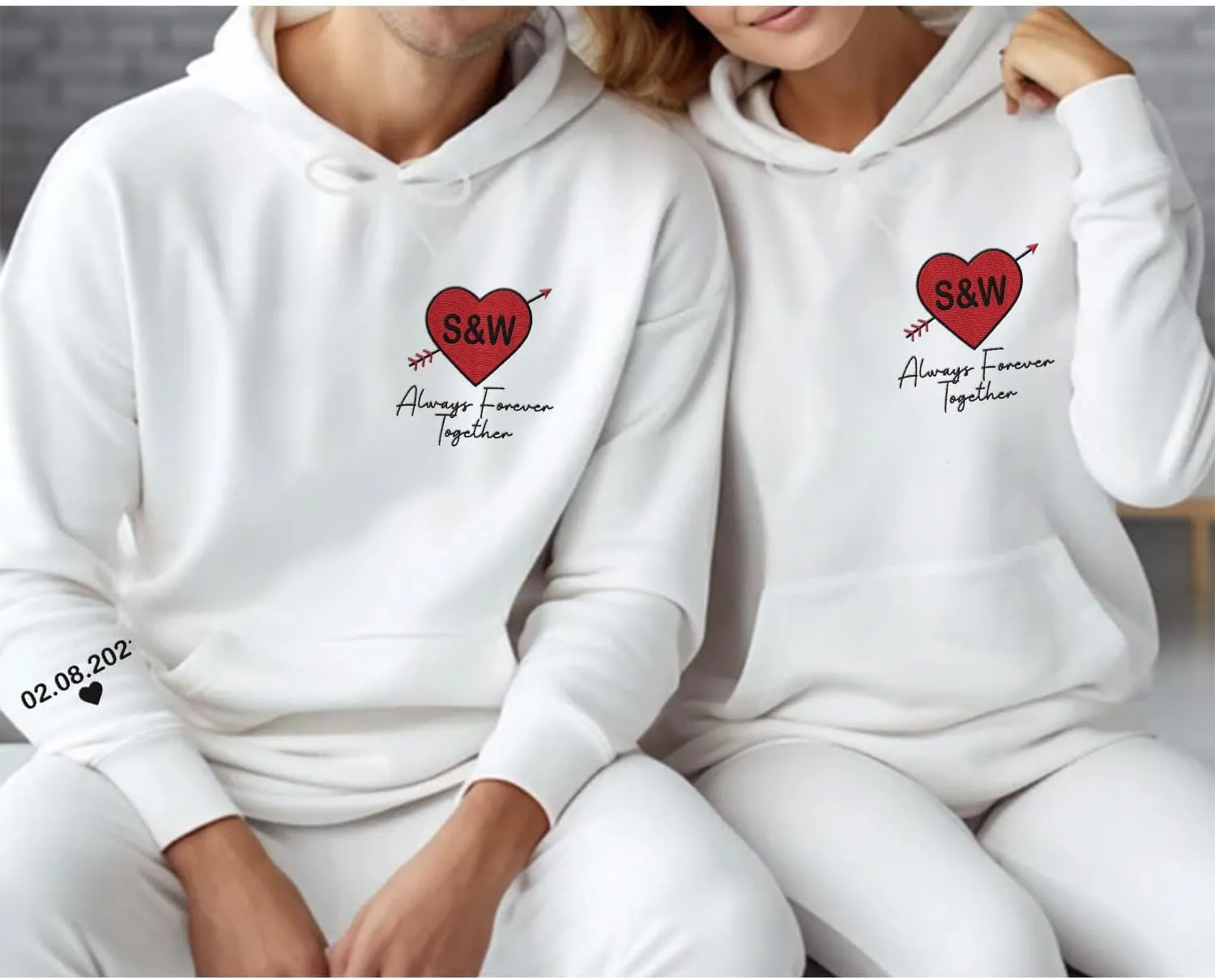 Personalized Embroidered Heart Hoodies For Couples, Matching Couple Sweaters Custom Anniversary Sweatshirts Spider Heart