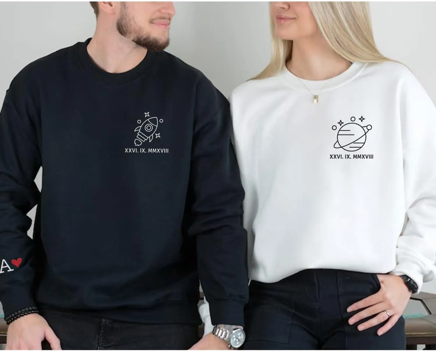 Personalized Embroidered Heart Hoodies For Couples, Matching Couple Sweaters Custom Anniversary Sweatshirts Spider Heart